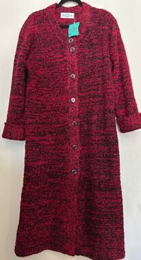Vintage Long Knit Coat Duster Boucle Cardigan Womens Size L Wool Blend Red New